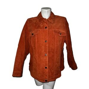 Denim & Co Burnt Orange Suede Trucker Jacket Women 1X Perforated Leather Boho